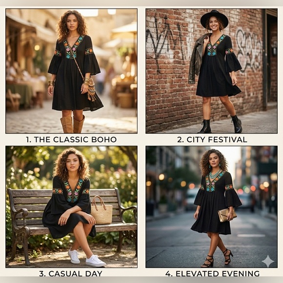 VTG Caché Boho Embroidered Mini Dress Black XS - Bell Sleeve Floral 70s Style - Picture 6 of 6